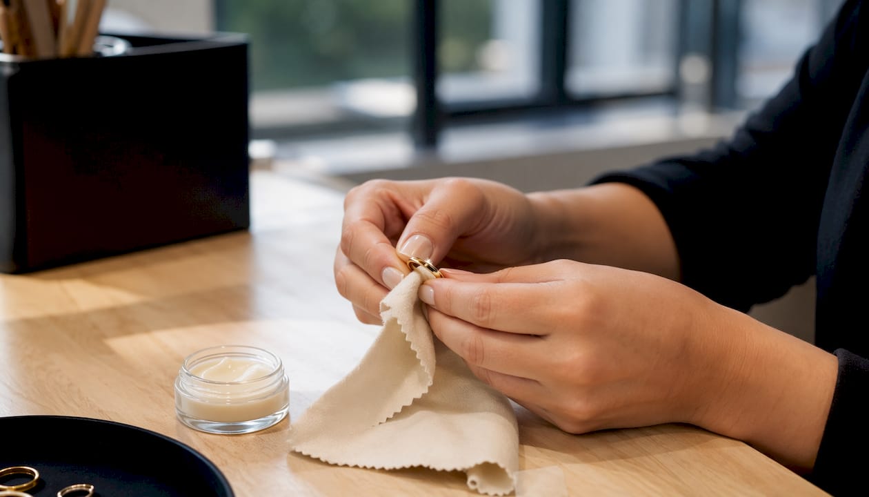 Hands polishing stainless steel ring on marble surface