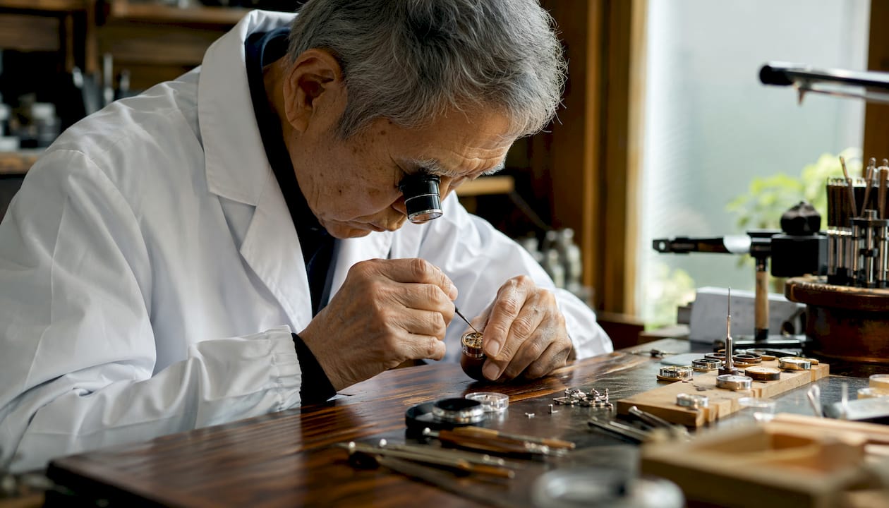 Japanese watchmaker assembling mechanical watch