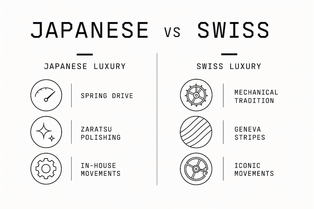 Comparison infographic of Japanese and Swiss luxury watch features