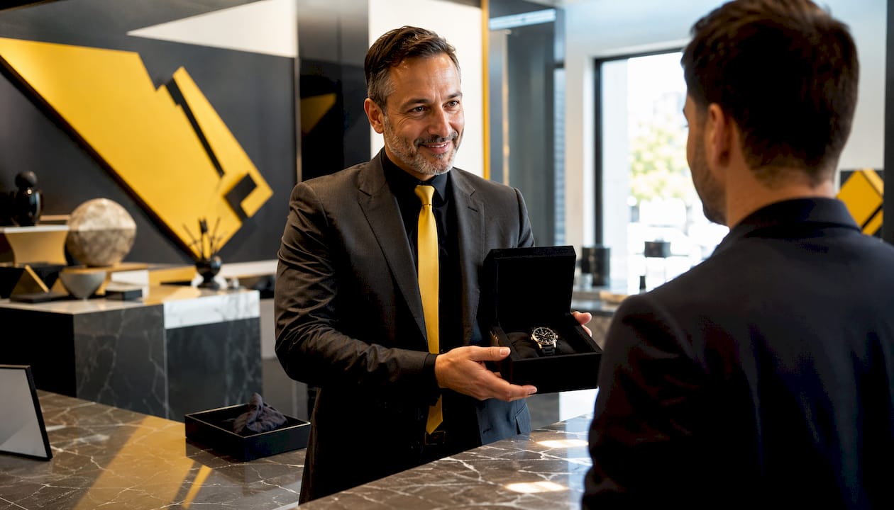 Hands presenting luxury hotel branded watch box