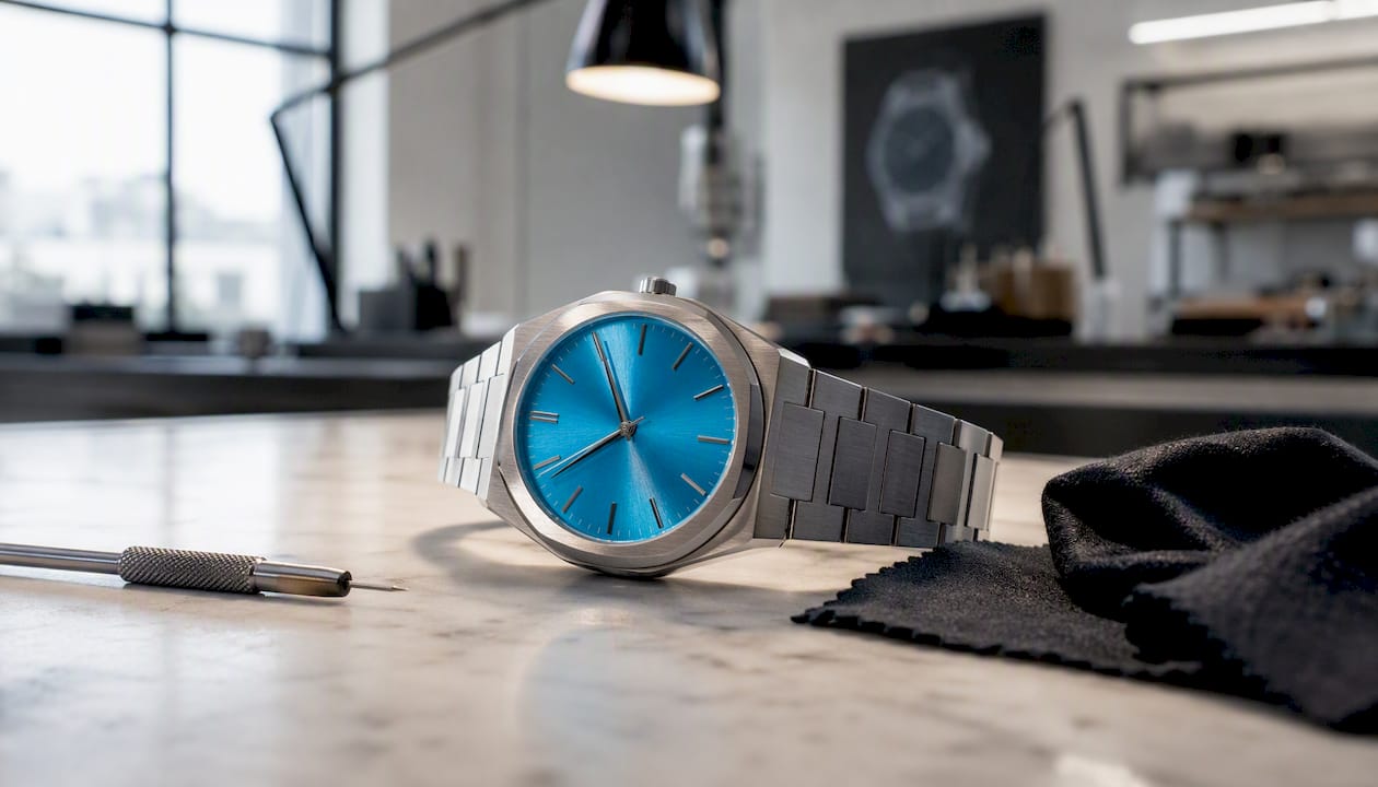 Macro shot of sunburst blue watch dial finish