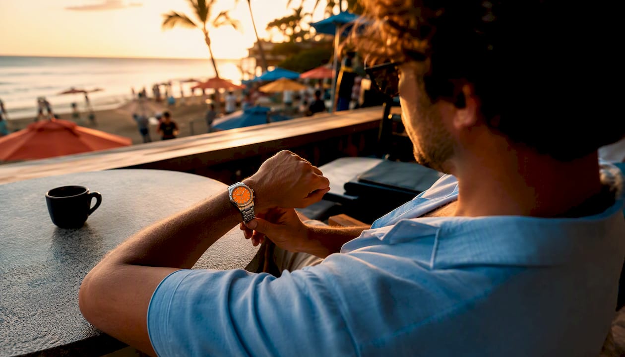 Traveler styling Miami-inspired watch on beach boardwalk
