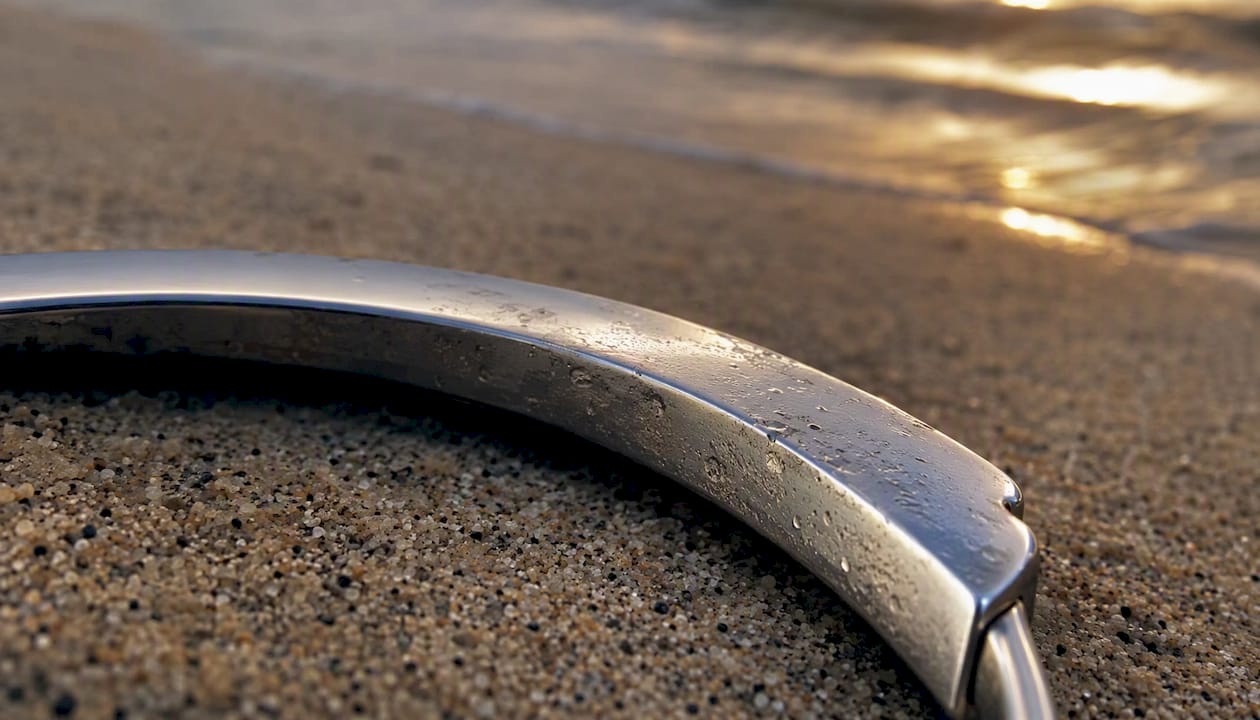Close-up of pitting corrosion on steel jewelry