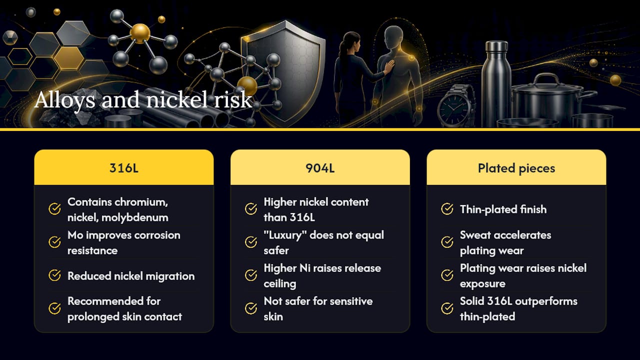 Diagram comparing nickel content and allergy risks in alloys