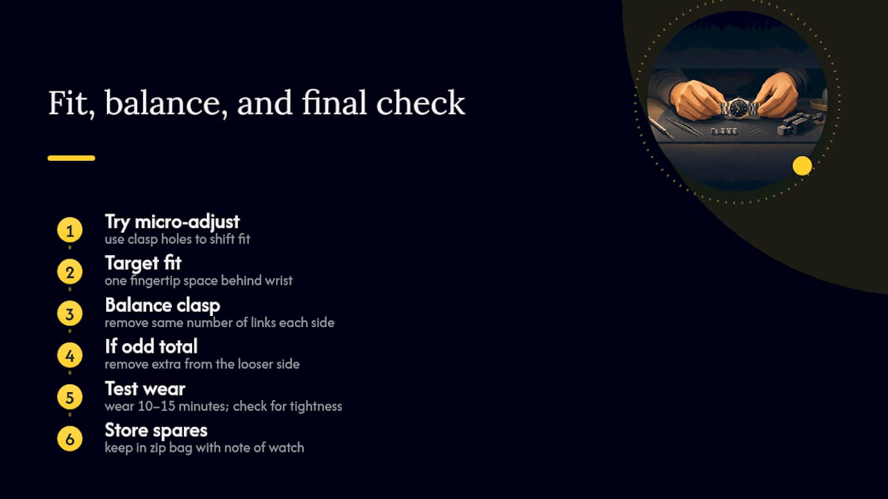 How to fine-tune fit, balance the clasp, and do a final check — overview diagram