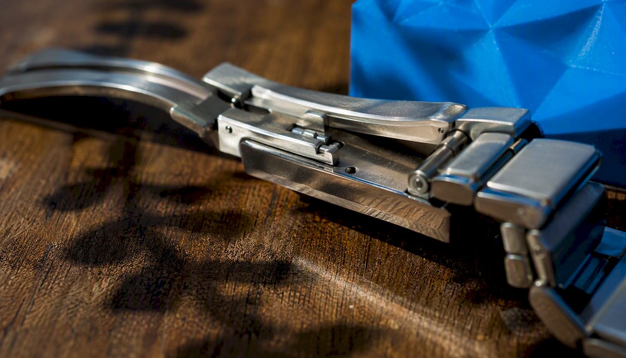Close-up of stainless steel clasp hinge detail