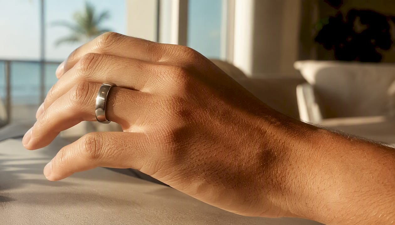 Macro of wrist with smooth titanium ring showing skin comfort
