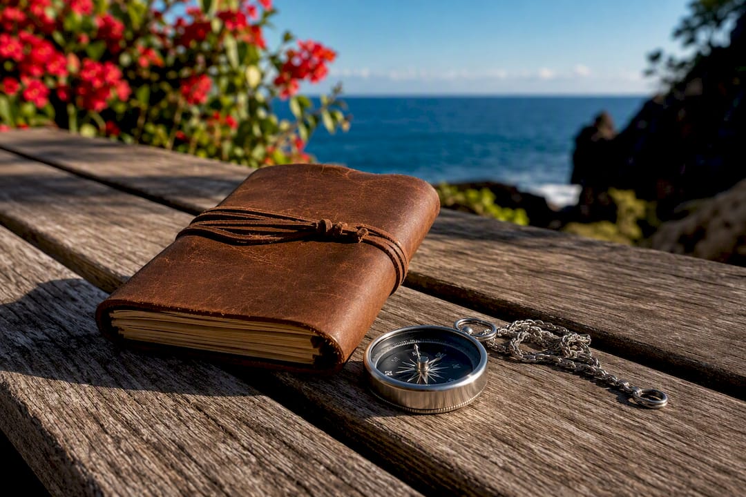 Compass pendant on travel journal outdoors