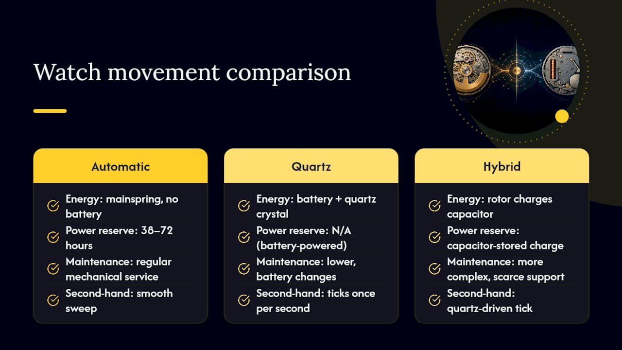 Diagram comparing automatic and quartz watch mechanisms