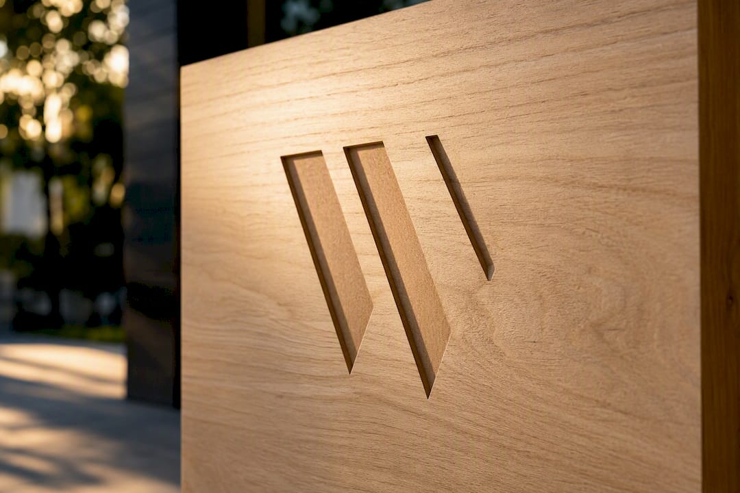 Laser engraved logo on dark wood showing grain