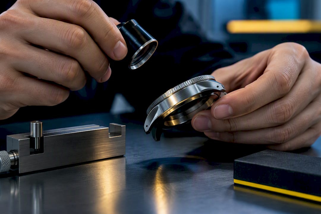 Specialist checking engraved watch case quality