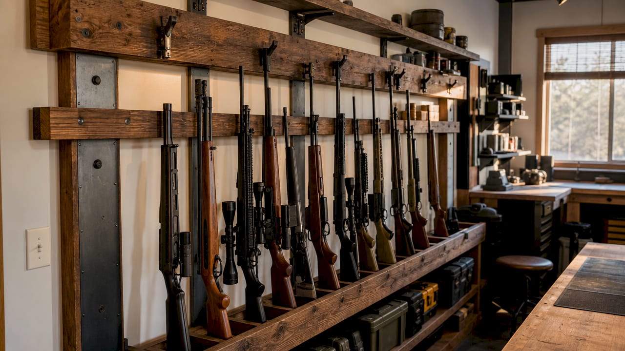 Close-up of gun rack structural supports on wall