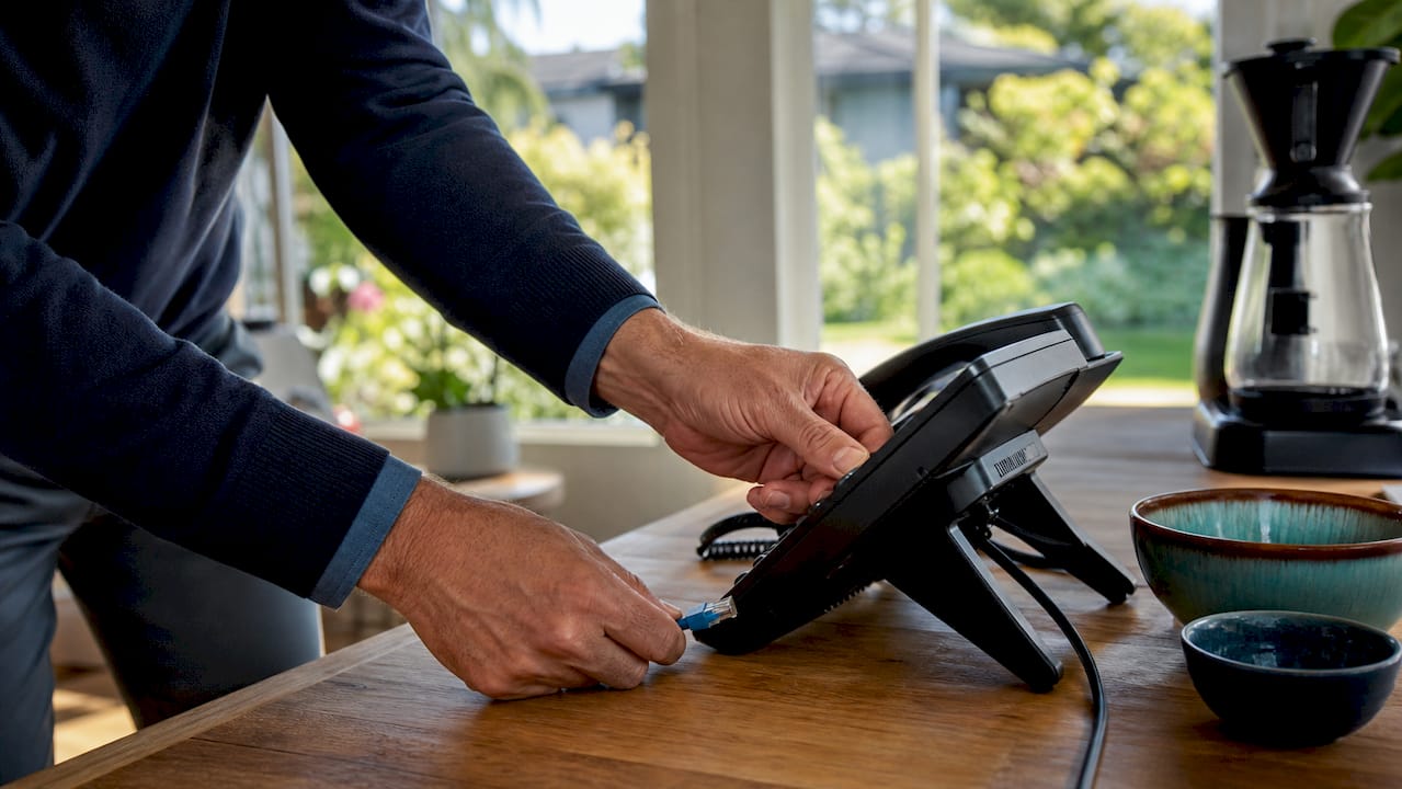Hands connecting ethernet cable to VoIP phone