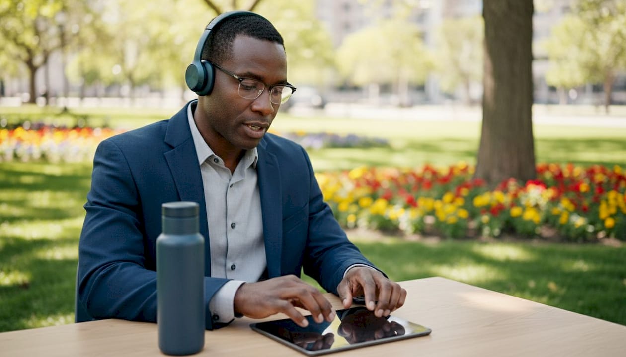 Man using wireless headset with tablet on conference room
