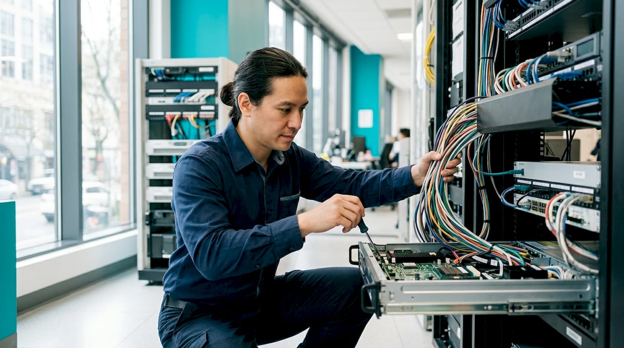 Technician installing PBX hardware in server room