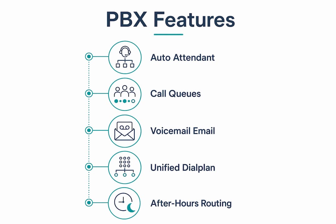 Infographic showing key PBX system features