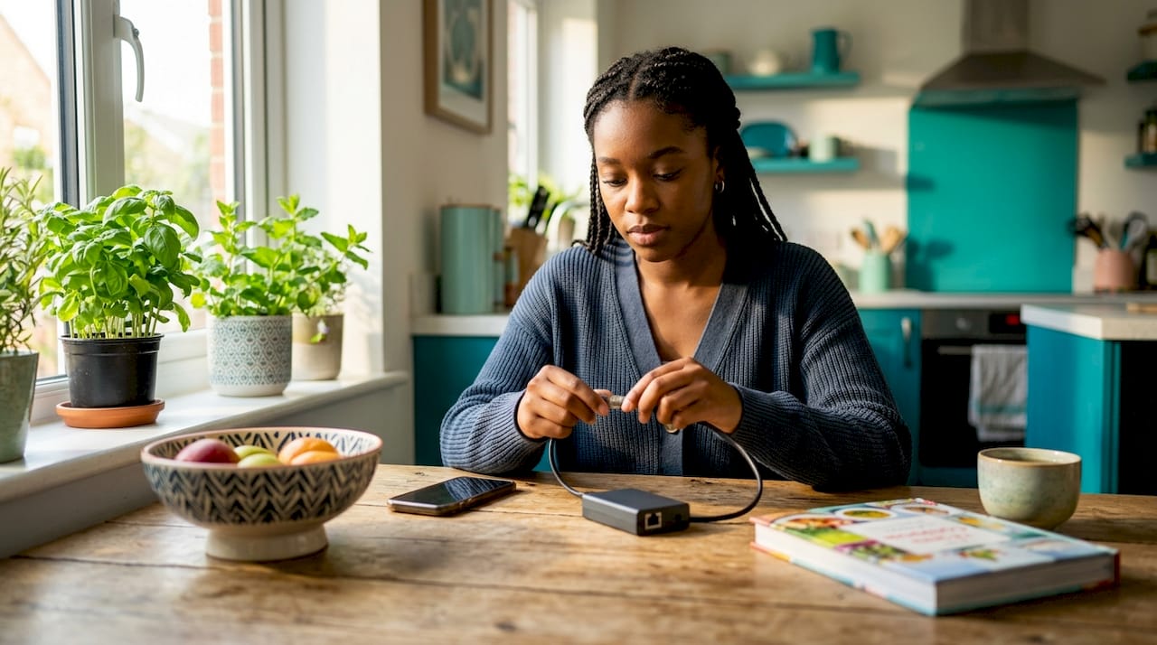 Woman setting up VoIP adapter at home