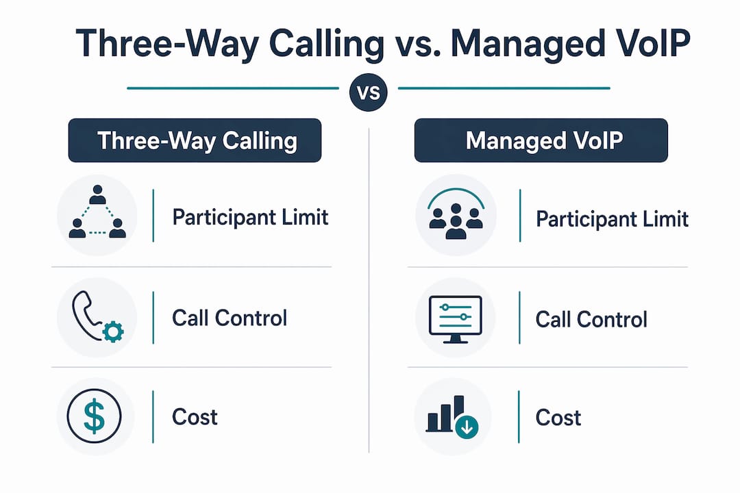 Infographic comparing three-way calling and managed VoIP features