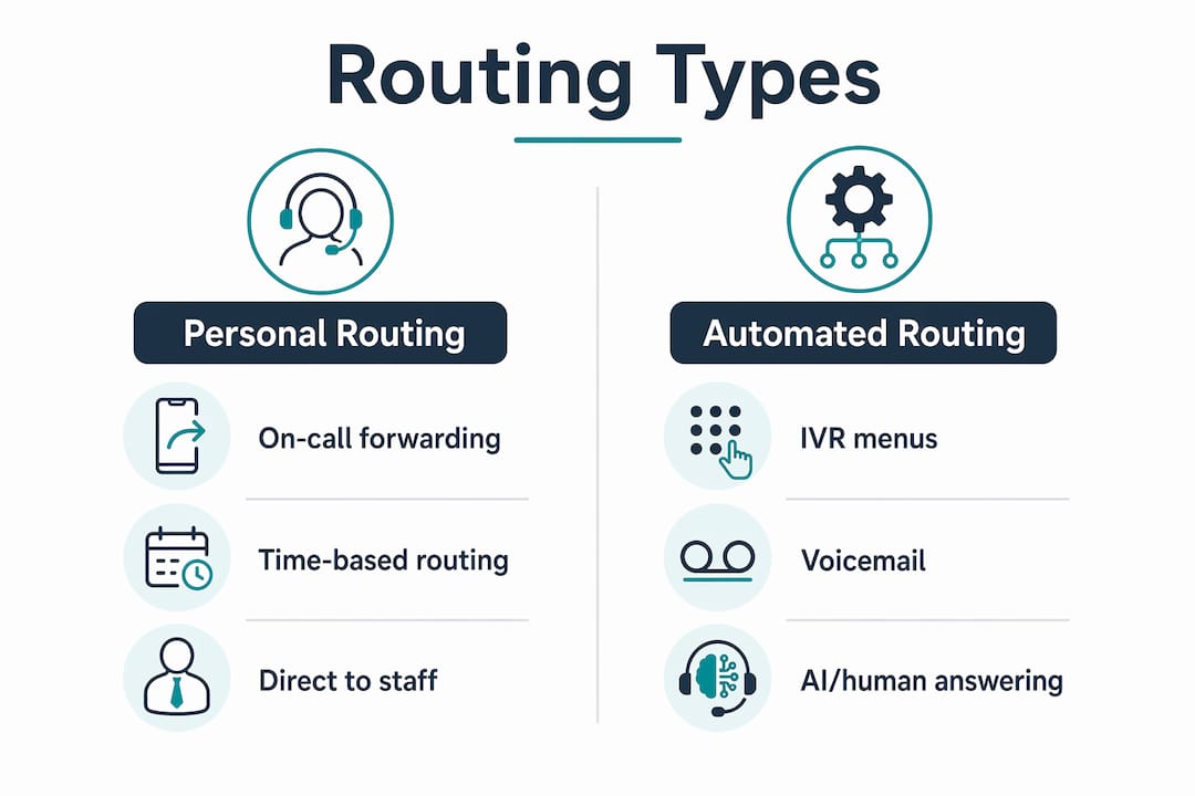 Infographic comparing personal vs automated after-hours call routing types