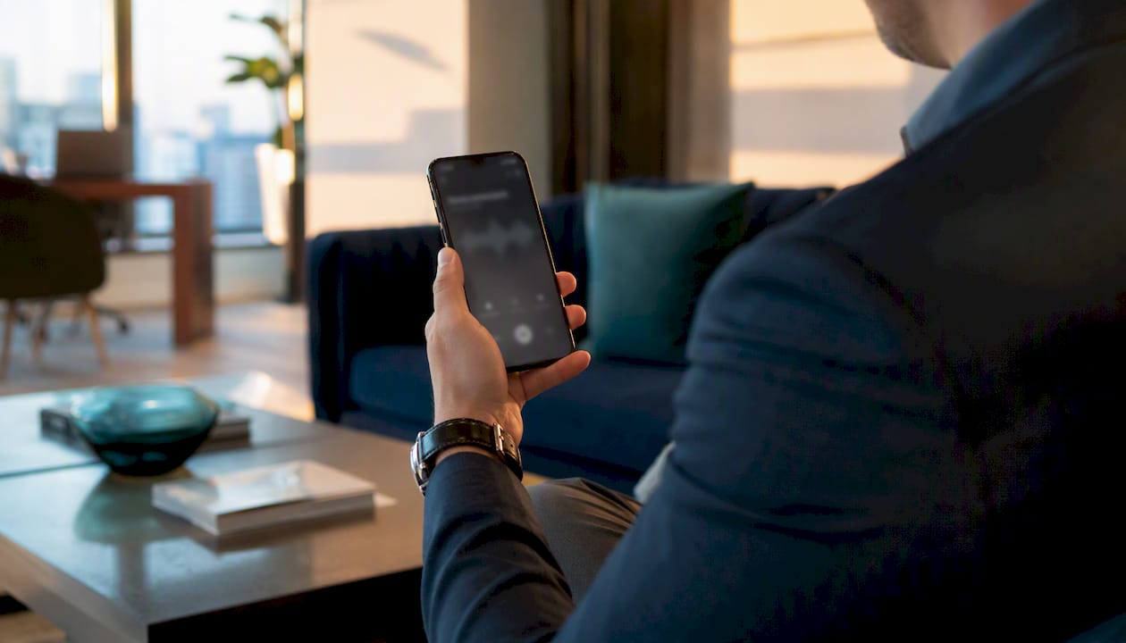Close-up of hand holding phone recording voicemail