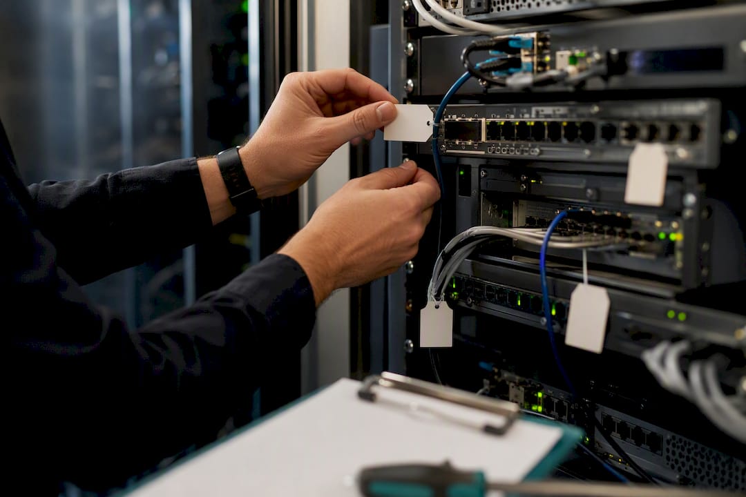 Hands tagging telecom equipment for inventory