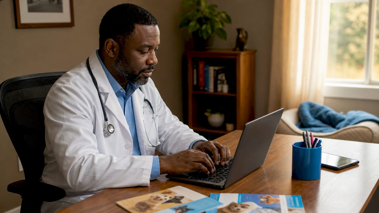 Veterinarian typing pet care reminders on laptop