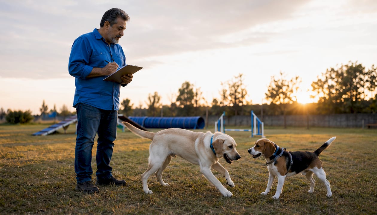 Trainer conducting dog social evaluation