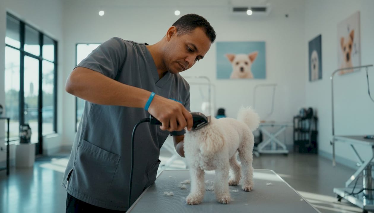 Apprentice groomer clipping poodle in salon