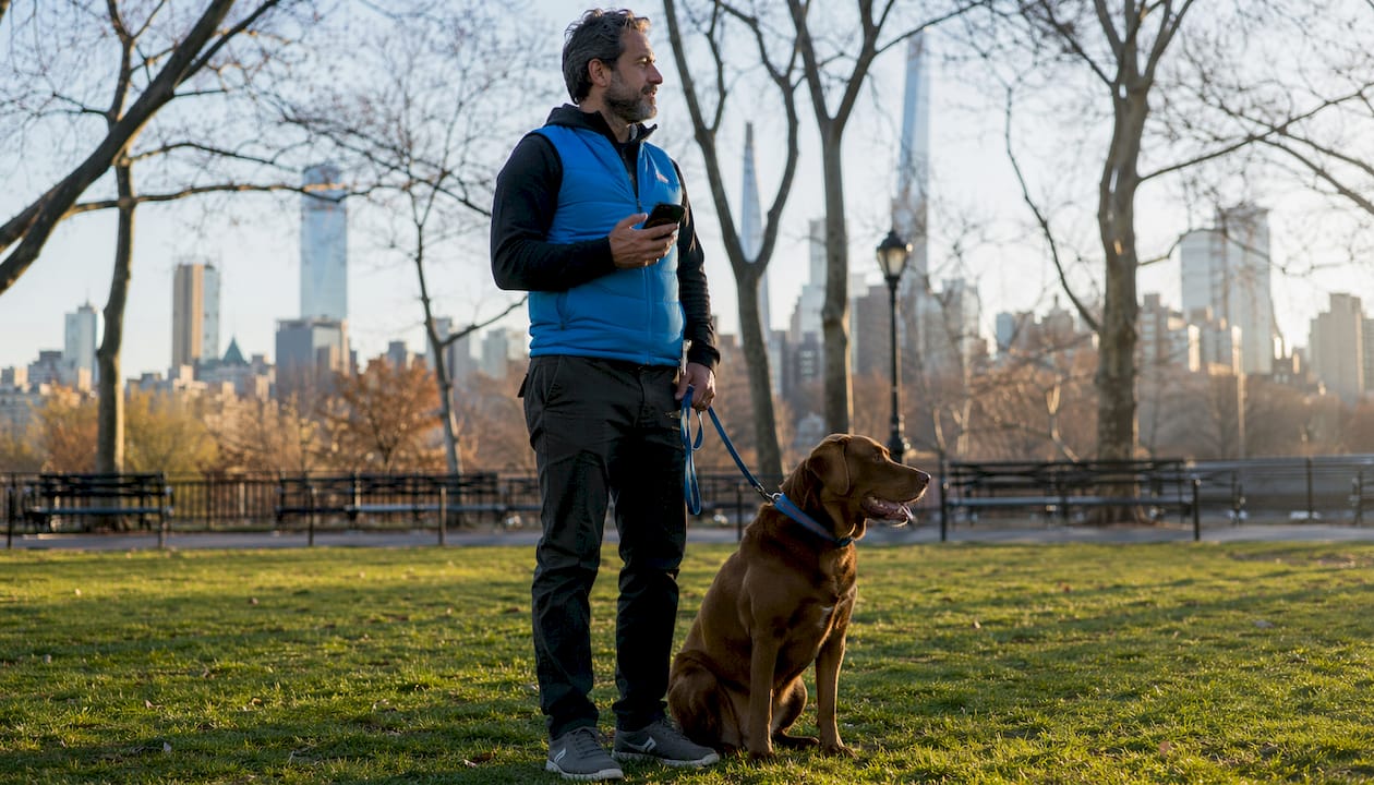 Urban pet sitter with dog on city sidewalk