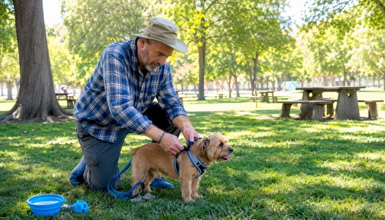 Man preparing dog for walk outdoors