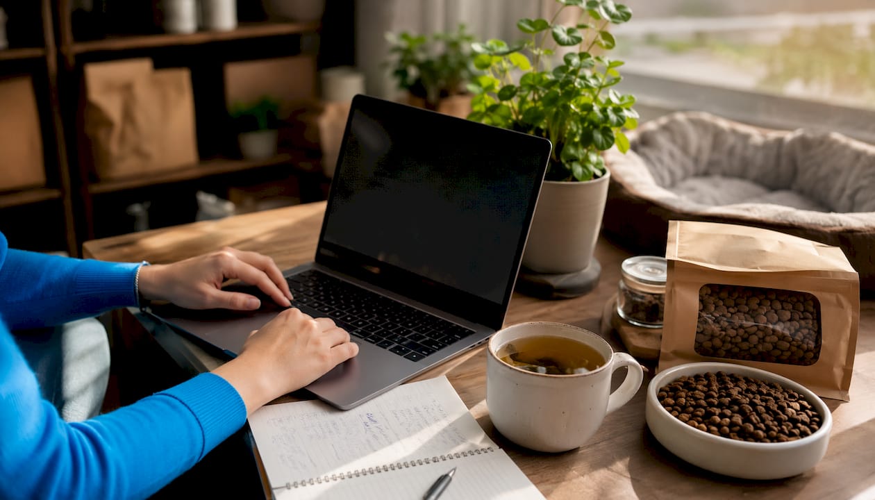 Hands managing pet care business operations at desk