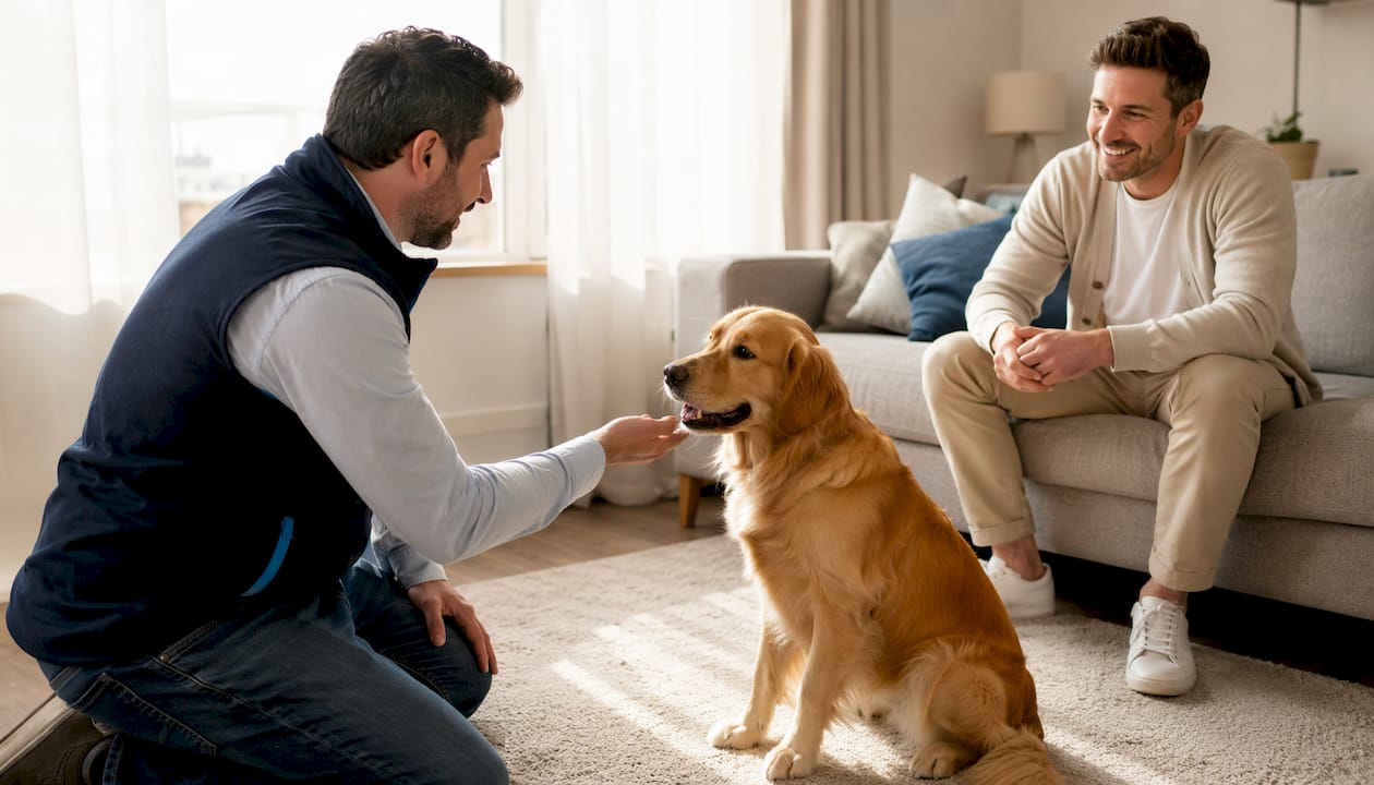 Trainer greeting dog during meet-and-greet outdoors