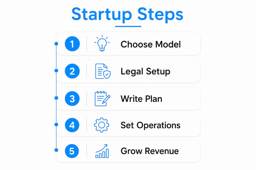 Infographic displaying five startup steps for dog business