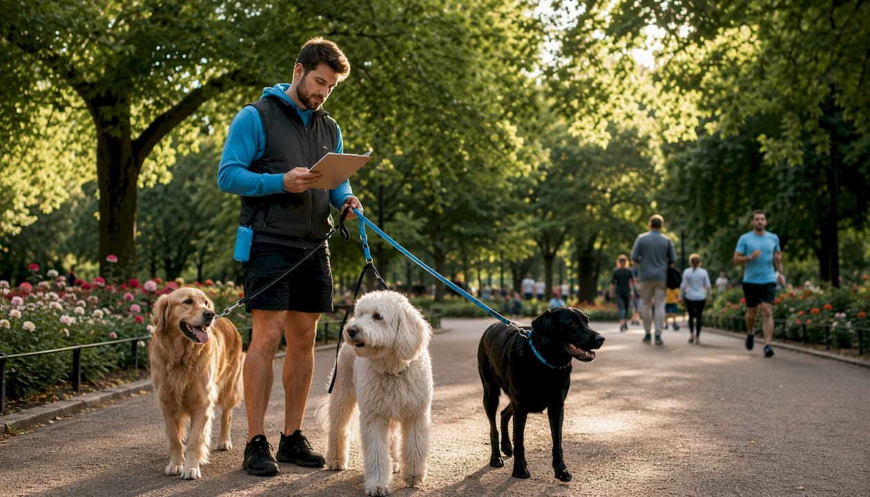 Dog walker managing dogs outdoors