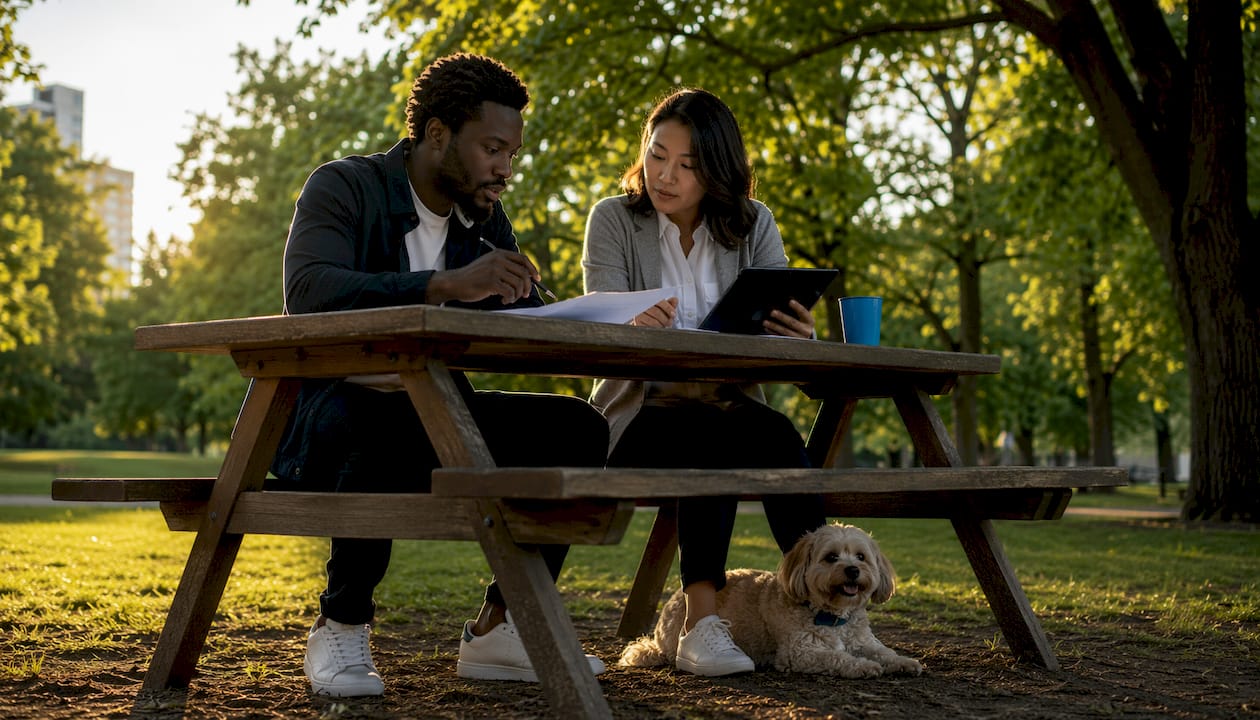 Professionals discussing dog business models with dog nearby
