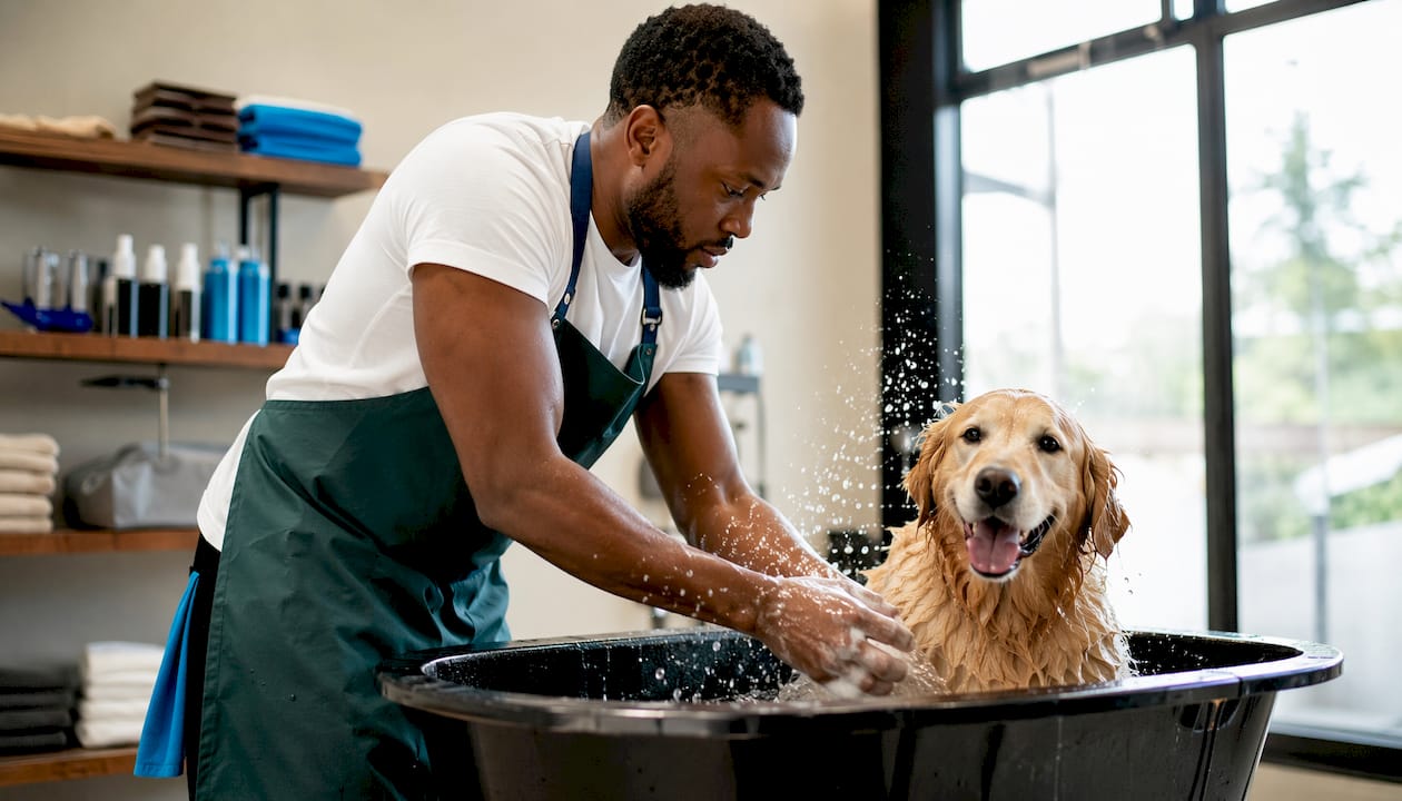Dog groomer bathing golden retriever indoors