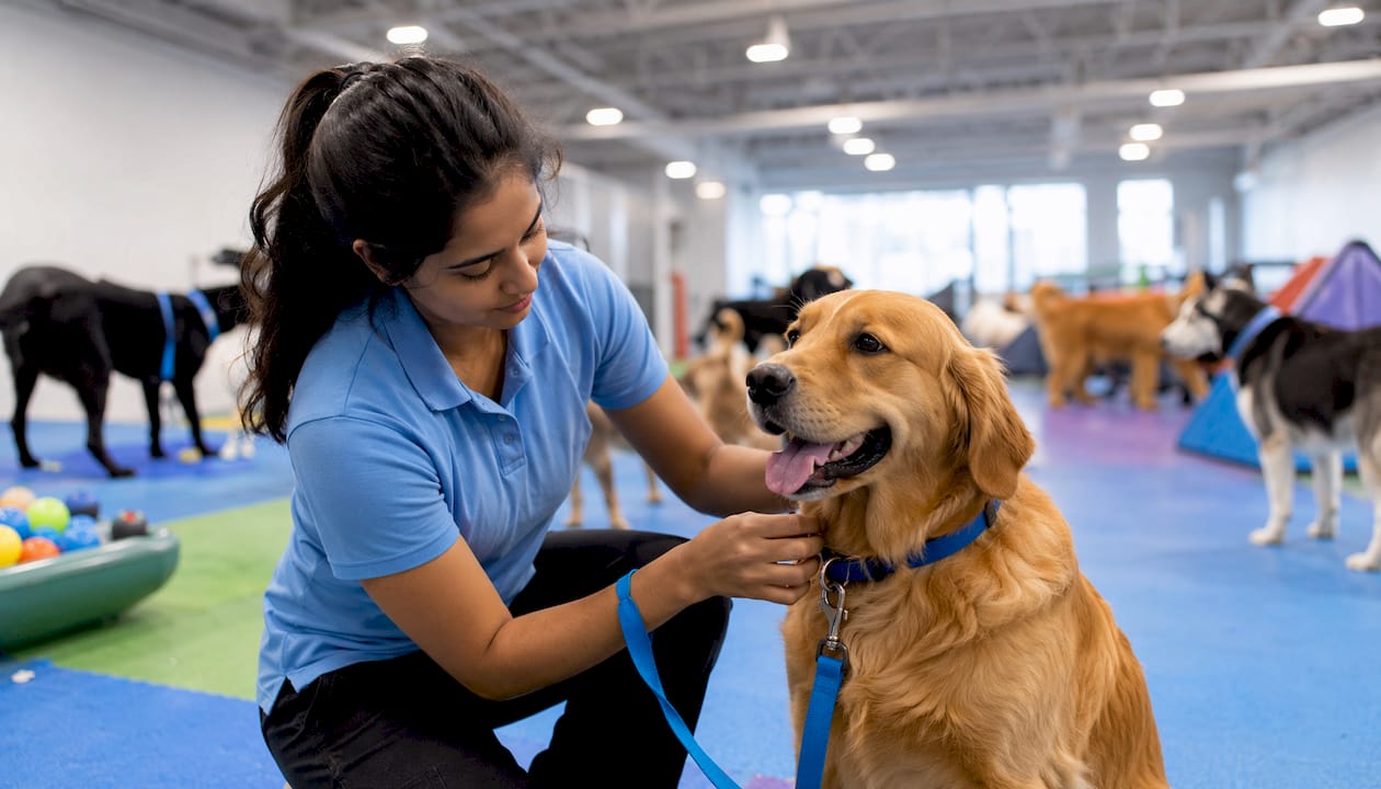 Dog daycare worker leashing dog outdoors in play yard