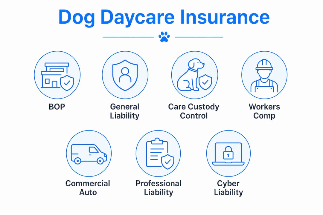 Infographic showing dog daycare insurance coverage hierarchy and key types