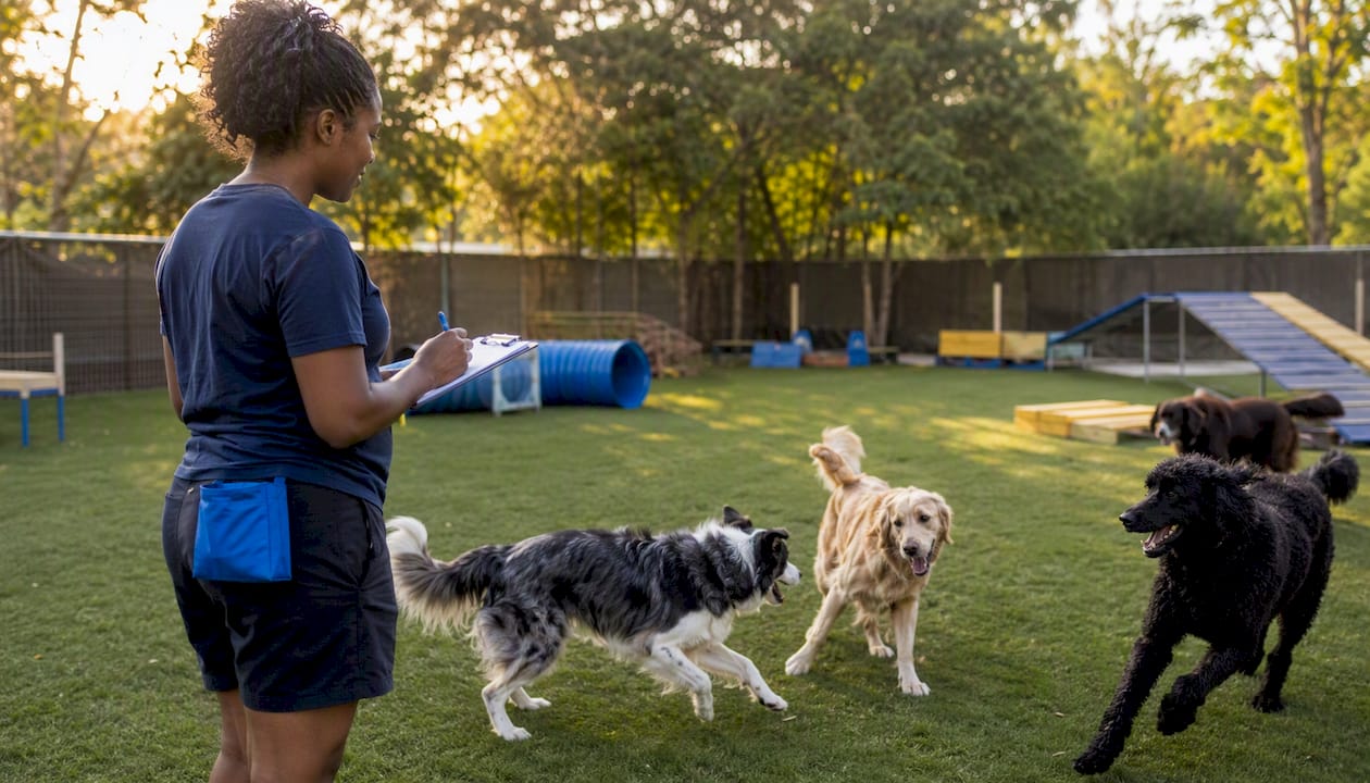 Dog daycare staff monitoring dogs during play