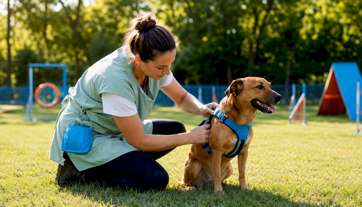 Hands fitting safety harness on dog