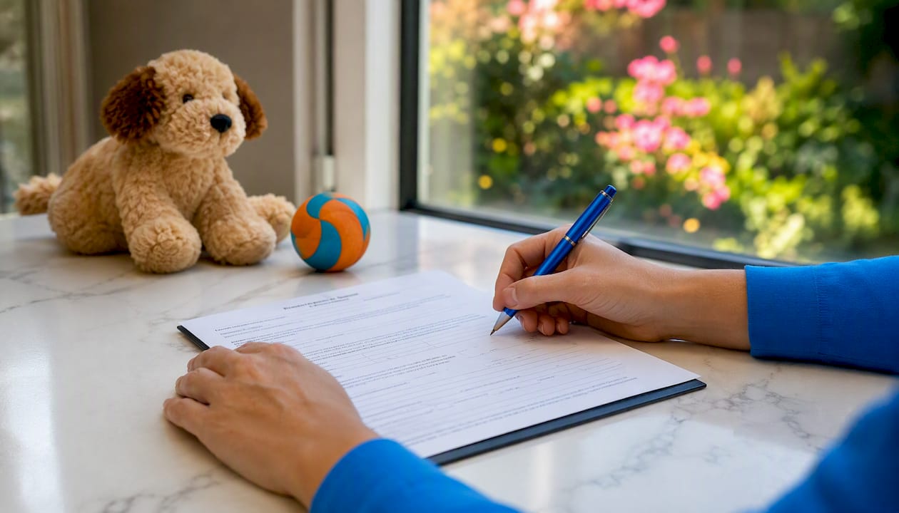 Hands filling dog daycare contract form