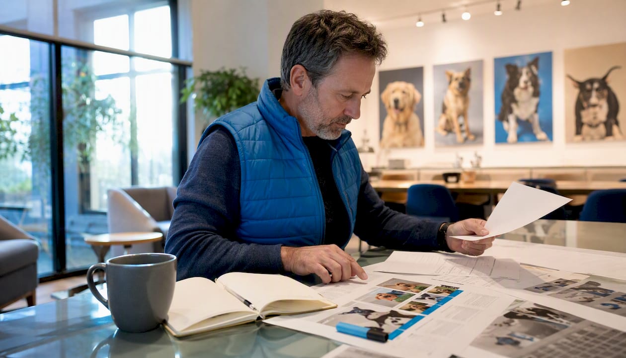 Dog daycare owner reviewing course materials