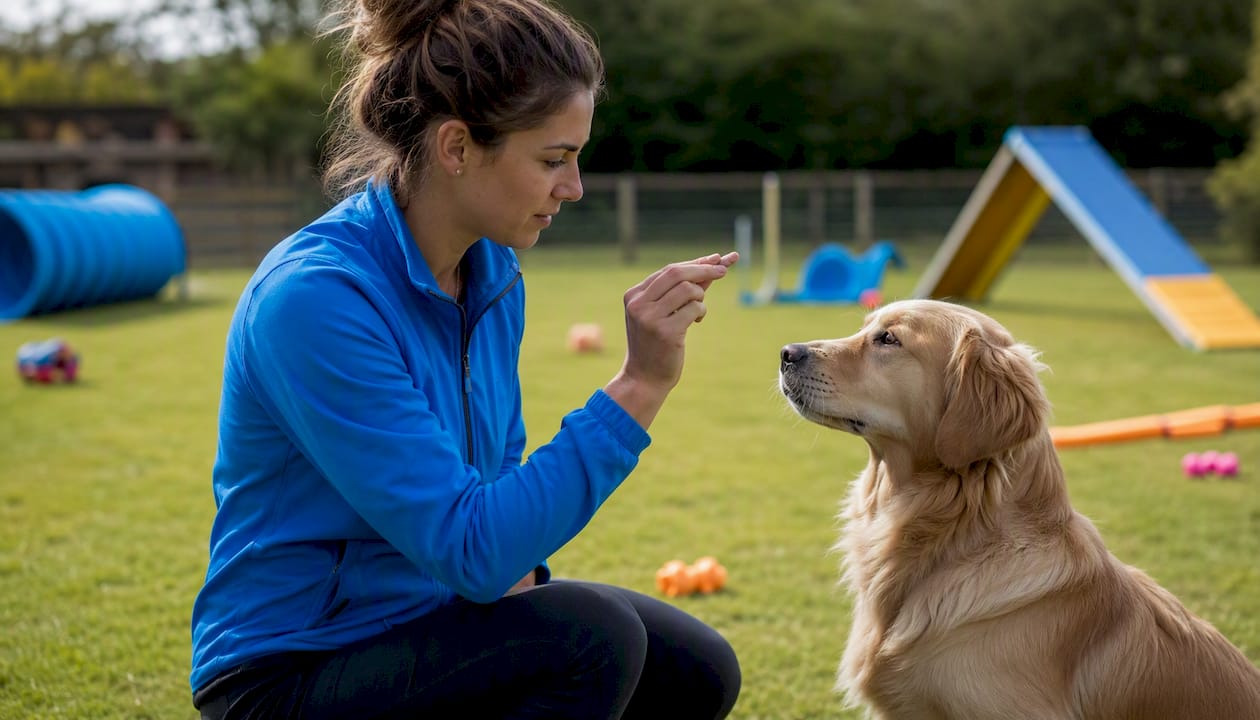 Close-up of hands training dog with treat