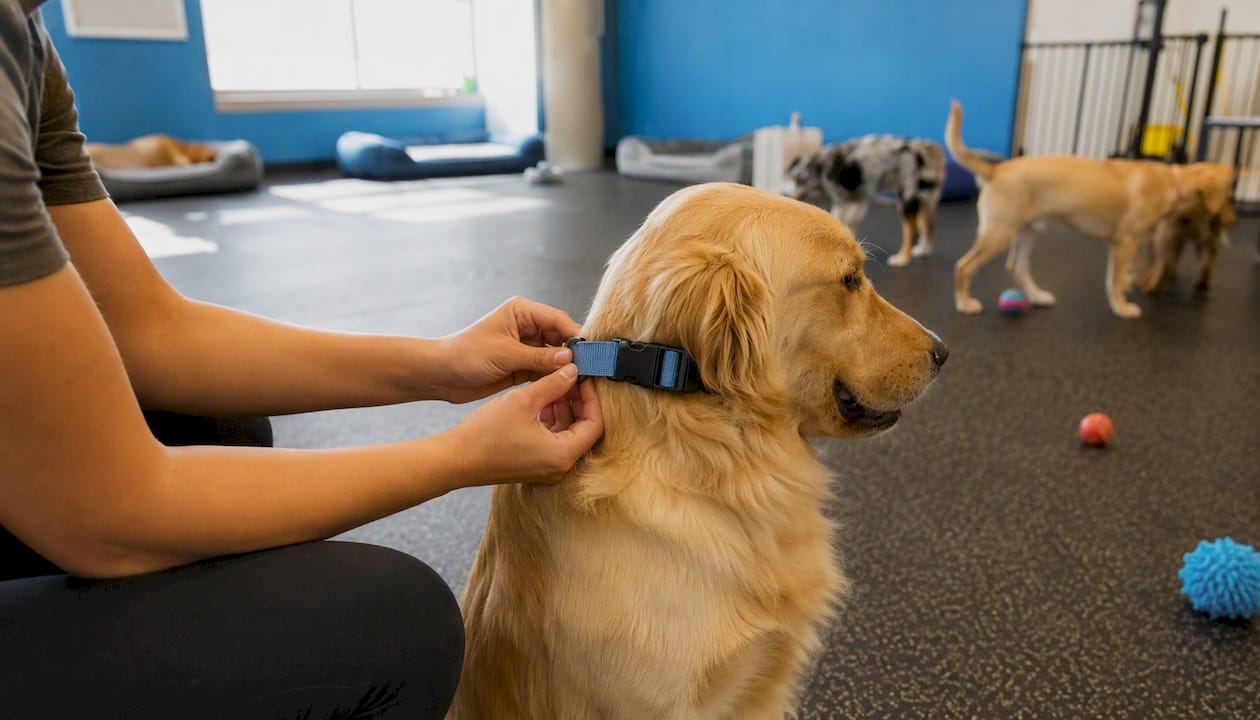 Staff clipping dog harness in play area