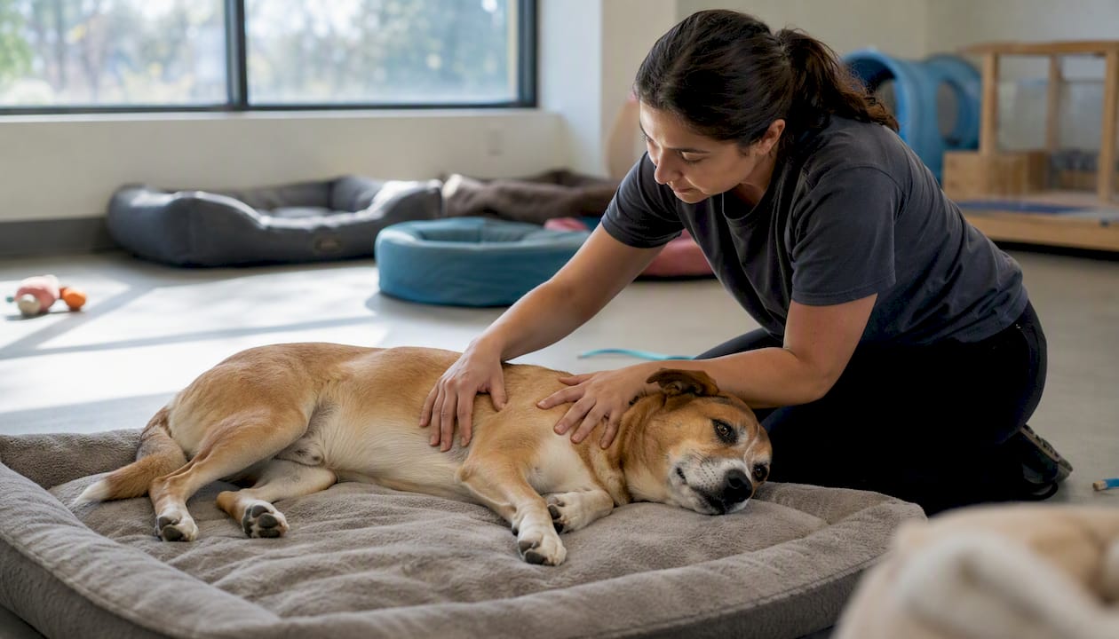 Staff checking resting dog’s health indoors