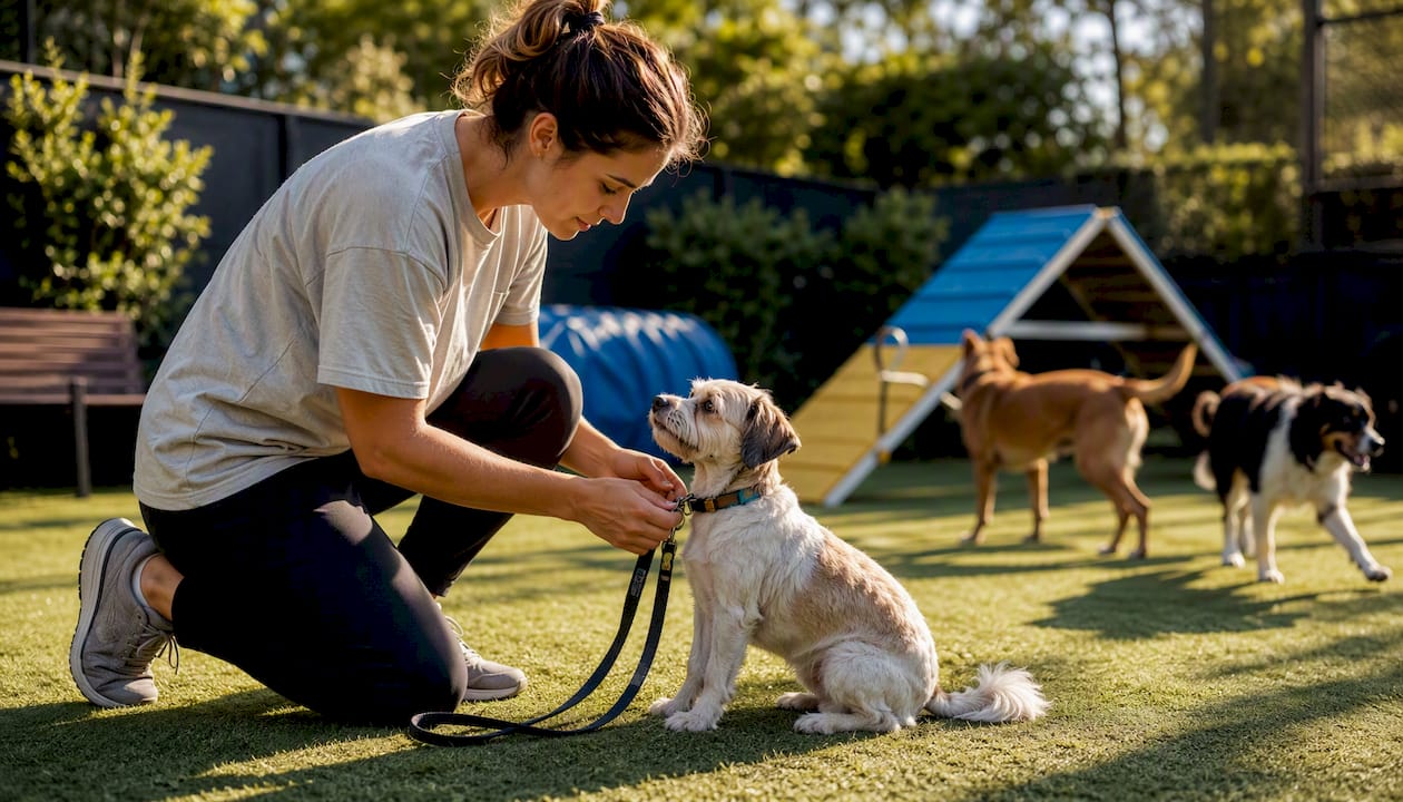 Staff clipping leash on dog for behavioral assessment