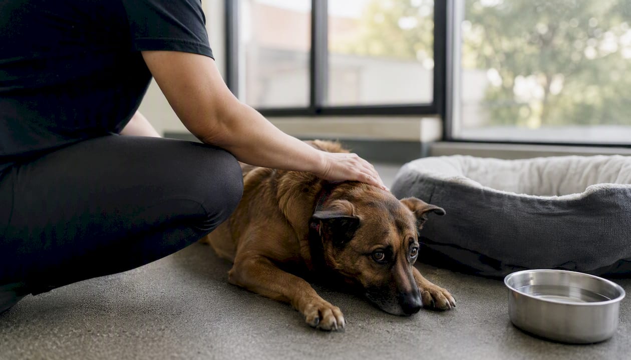 Staff comforting anxious dog indoors