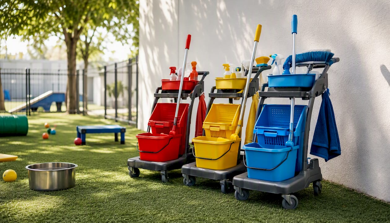 Color-coded cleaning carts in dog daycare