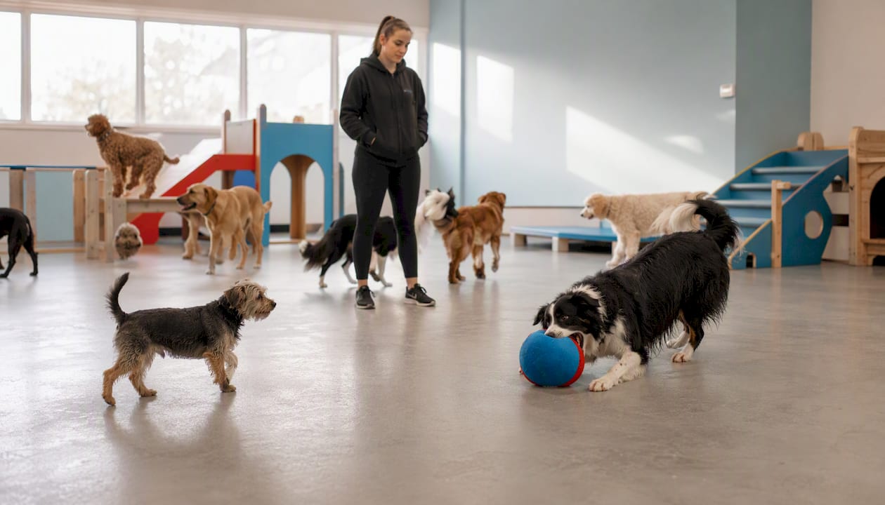 Staff supervising mixed-energy dogs playing indoor