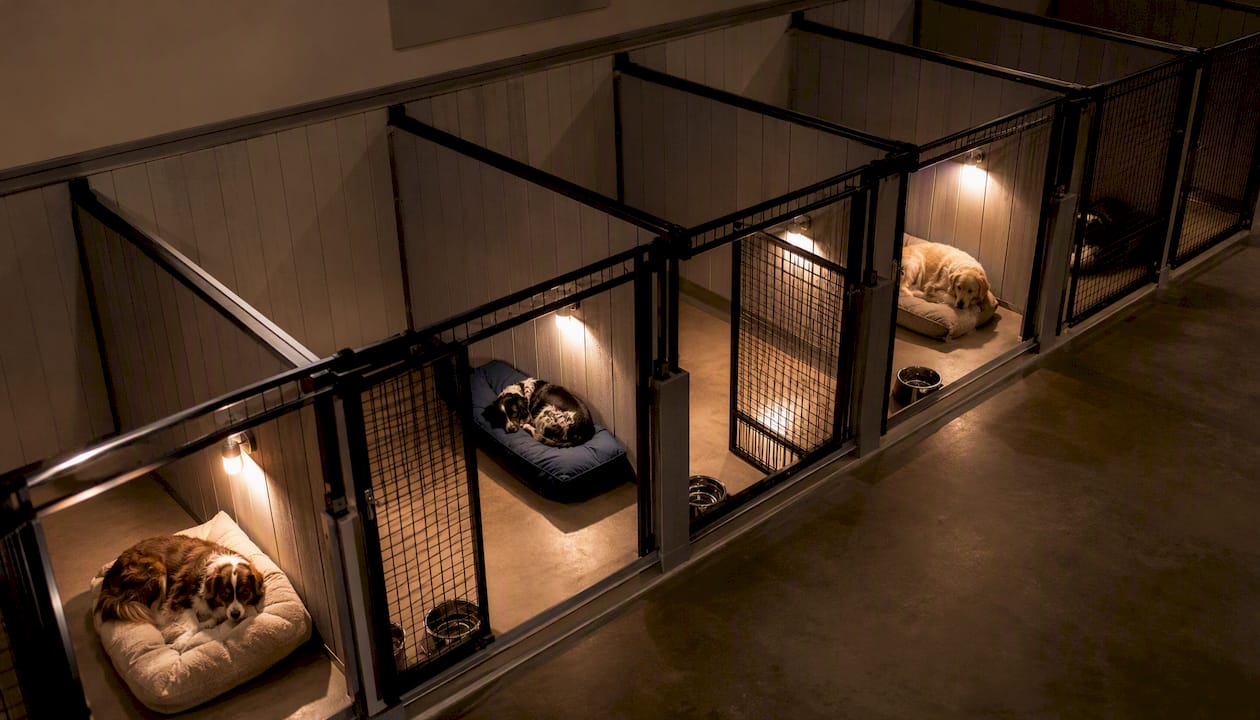 Peaceful dogs resting in indoor boarding kennels